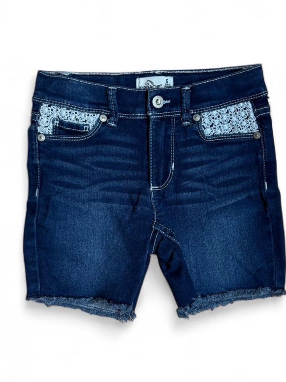 Jordache Girls Dark Wash Denim Jean Shorts Size 6 Lace Pocket Trim Fray Hem
